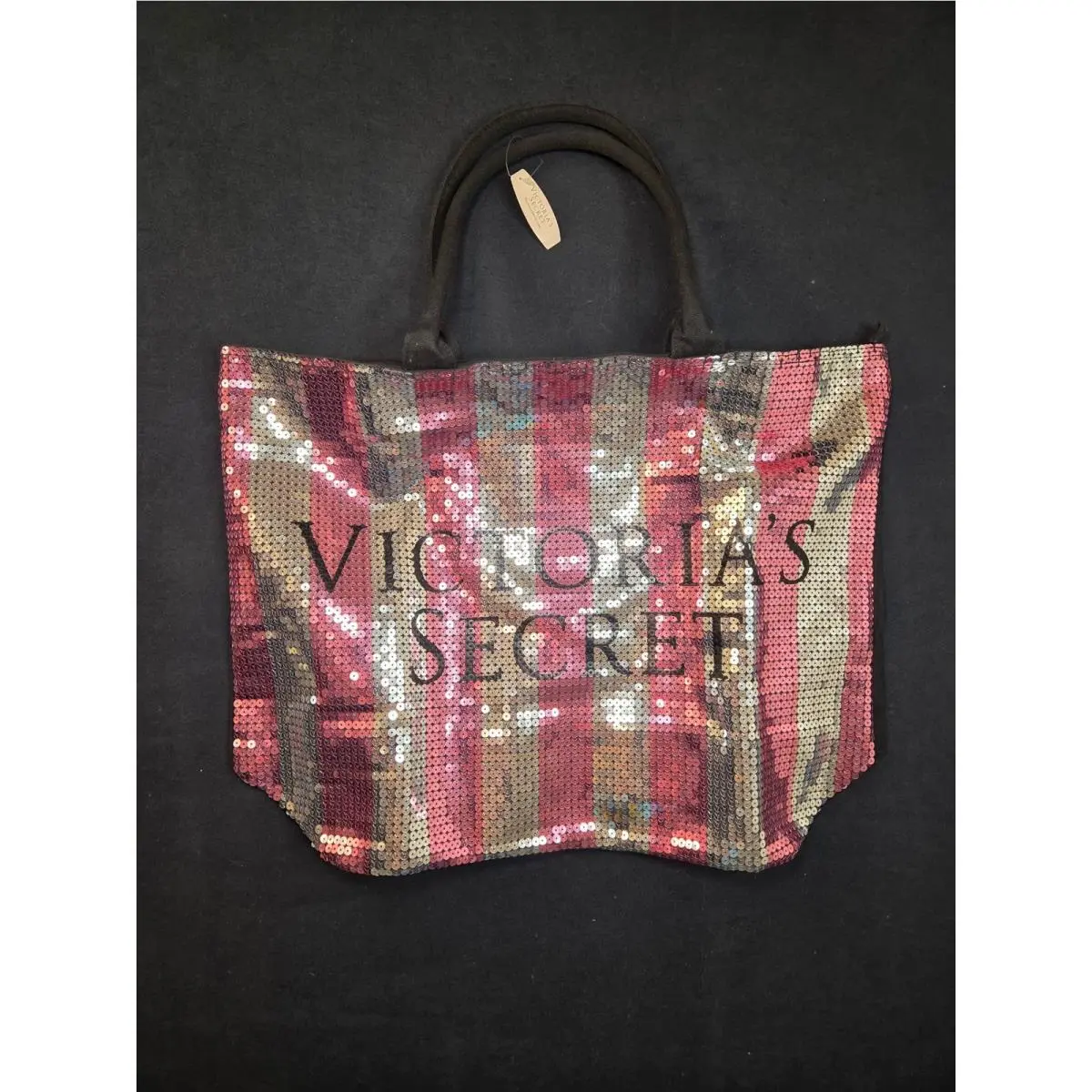 Victoria`s Secret Pink Silver Sequin Stripe Tote Bag Canvas Zipper Beach Shimmer by Victoria's Secret