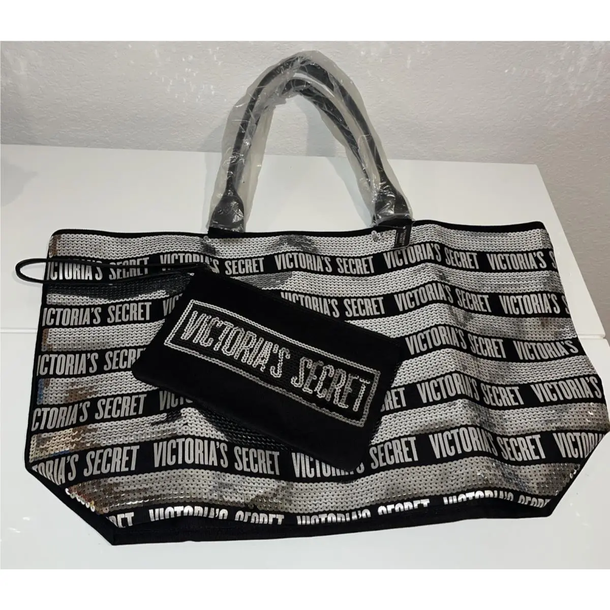Victorias Secret Black Silver Sequin Ltd Edition Tote Weekend Beach Bag