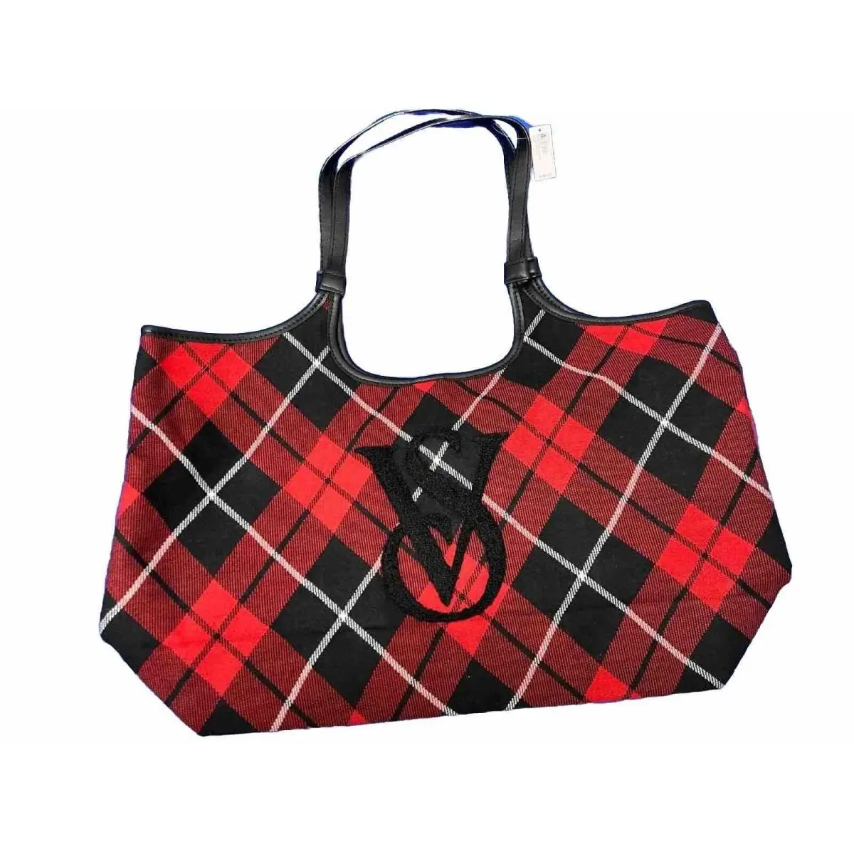 Victoria`s Secret Tote Bag Women OS Red Black Plaid Embroidered Logo 267287