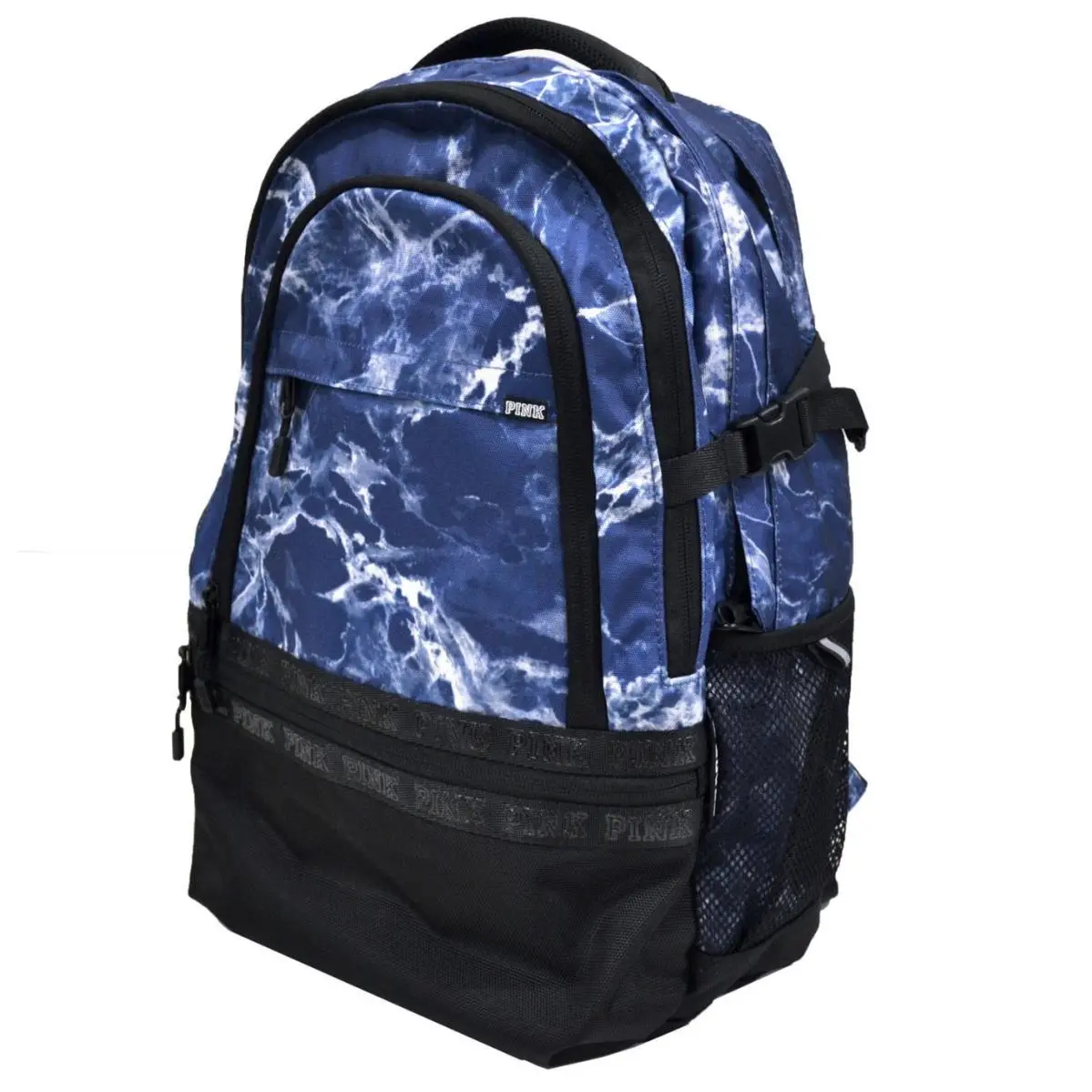 Victoria`s Secret Pink Collegiate Backpack School Travel Laptop Book Bag Tote - Handle/Strap: Multicolor, Exterior: Black/Blue Tie Dye, Lining: Black