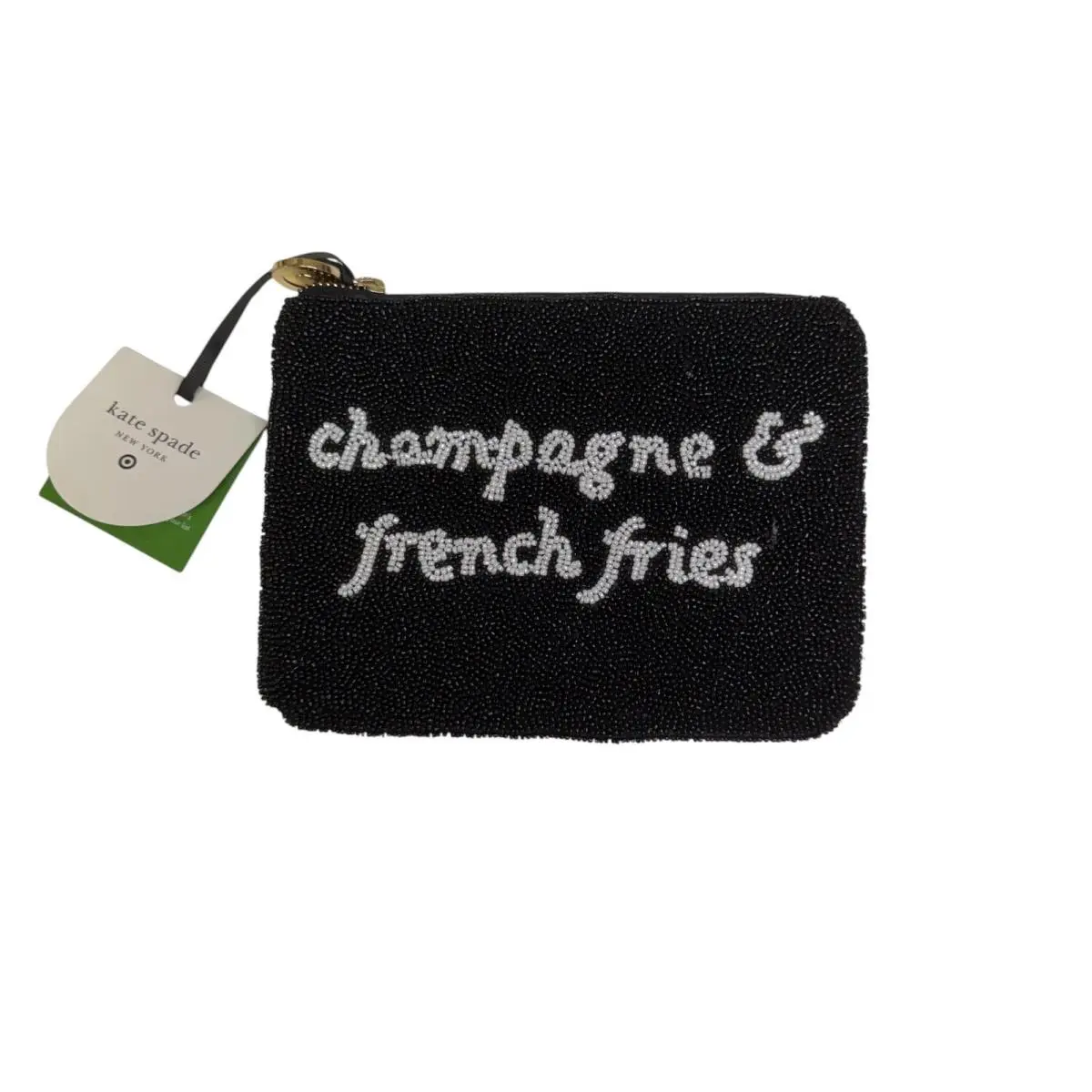 Kate Spade Champagne French Fries Beaded Pouch Black Zip Clutch Flaw