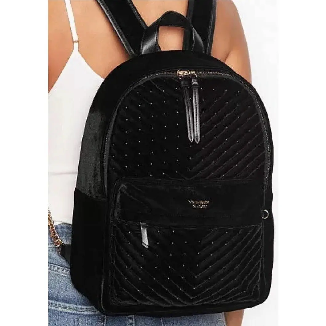 Victoria’s Secret Backpack Black Velvet Stud City Backpack Bag Rare Great Gift