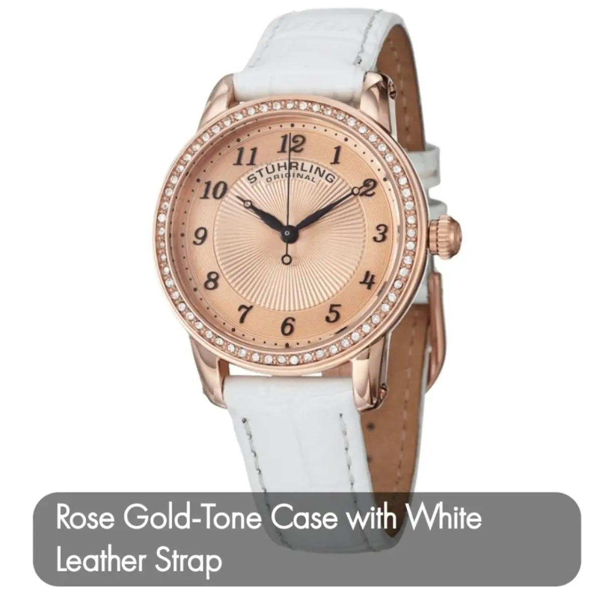Women`s Watch Stührling Ultra Slim 34mm Quartz Rose Gold White Leather Strap