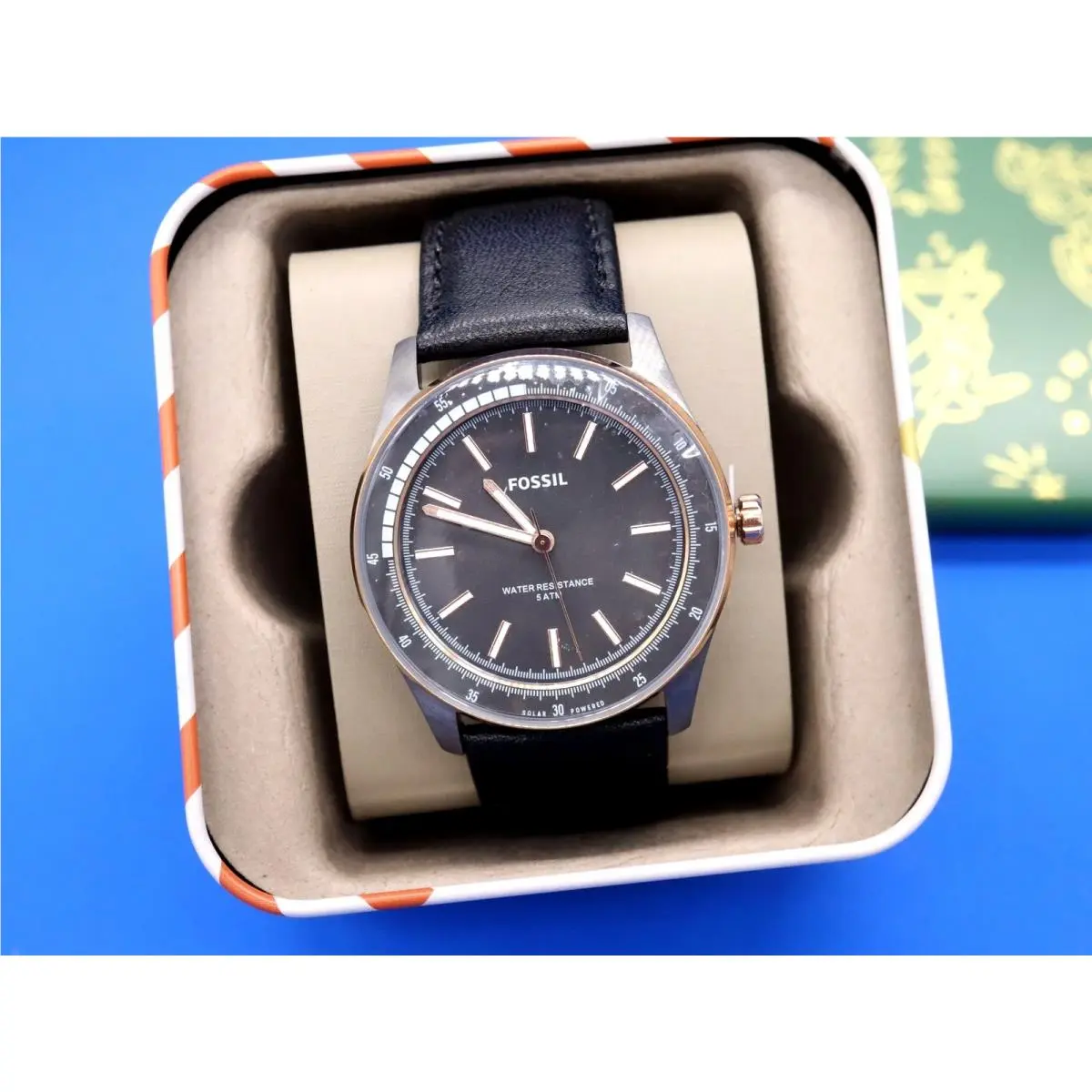 Sullivan Solar Men`s Watch BQ2664 Black Leather Strap by Fossil