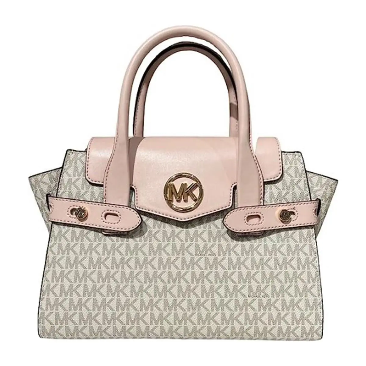 Carmen Medium Logo and Leather Belted Satchel Powder Blush by Michael Kors