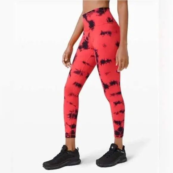 Lululemon Wunder Train HR Tight 25 Wash Tie Dye Carnation Red Black Size 2