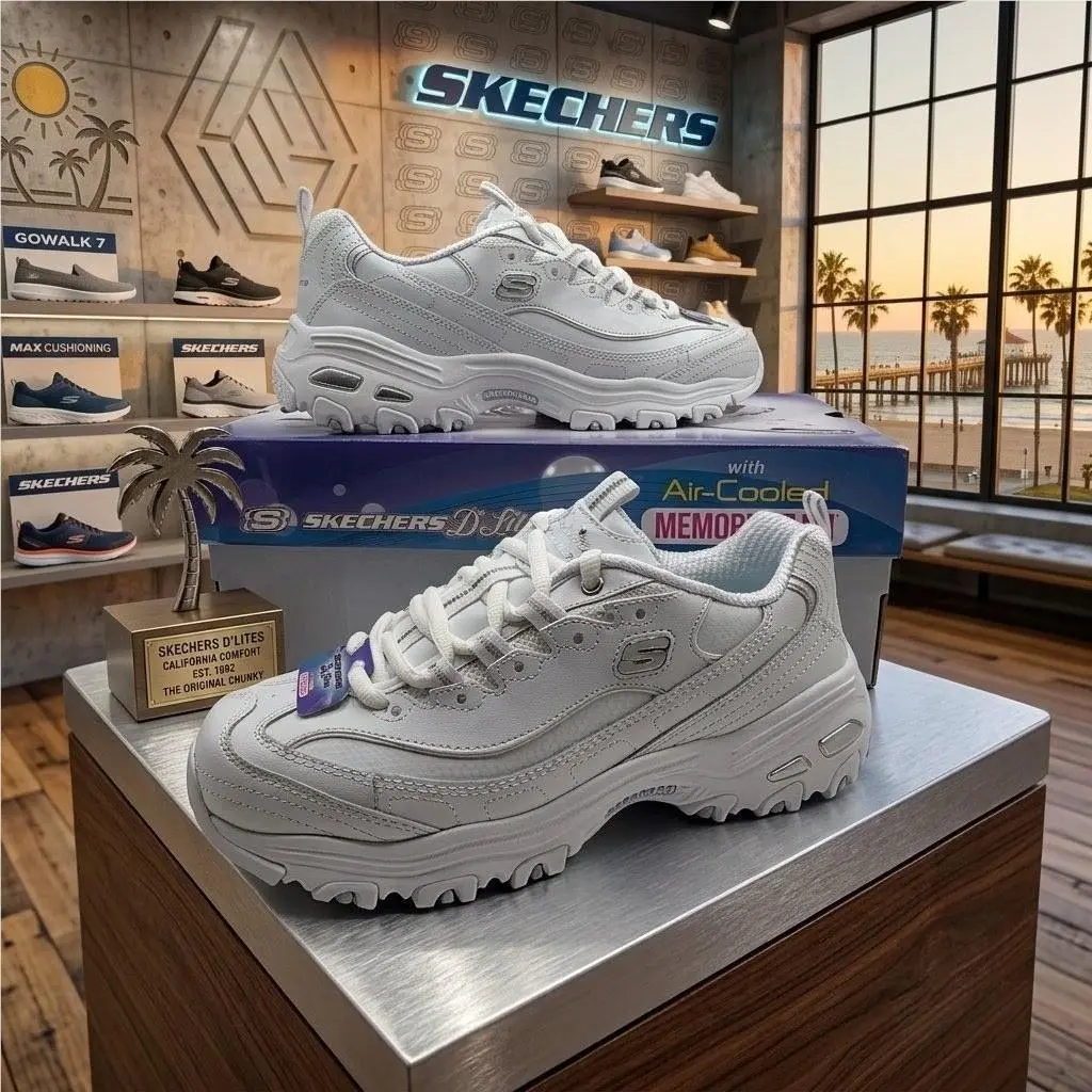 Skechers D’lites Fresh Start Womens 5.5 Wide White Silver Memory Foam