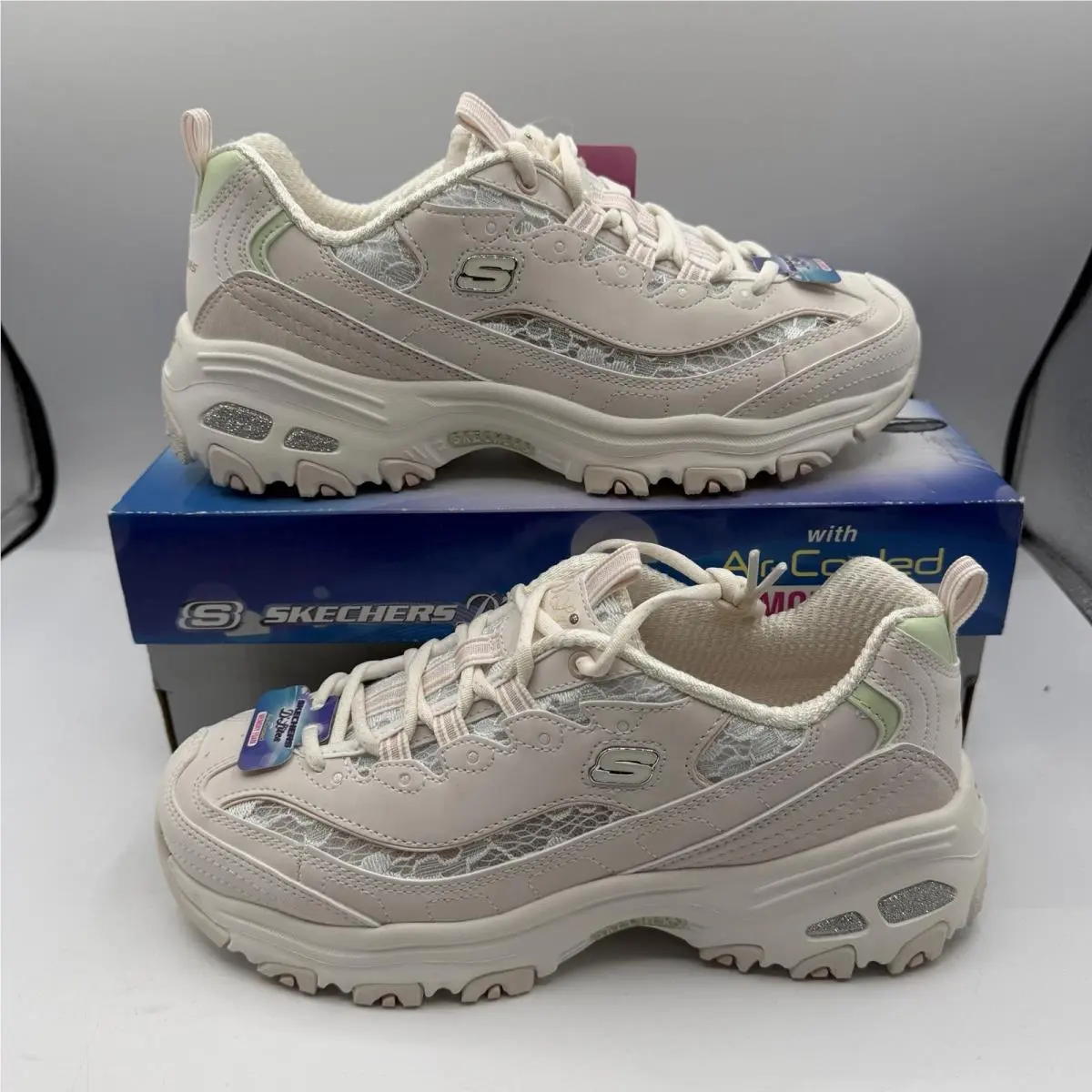Skechers D`lites Sunlit Garden Shoes Womens Sz 7 Off White/pink Floral Sneakers