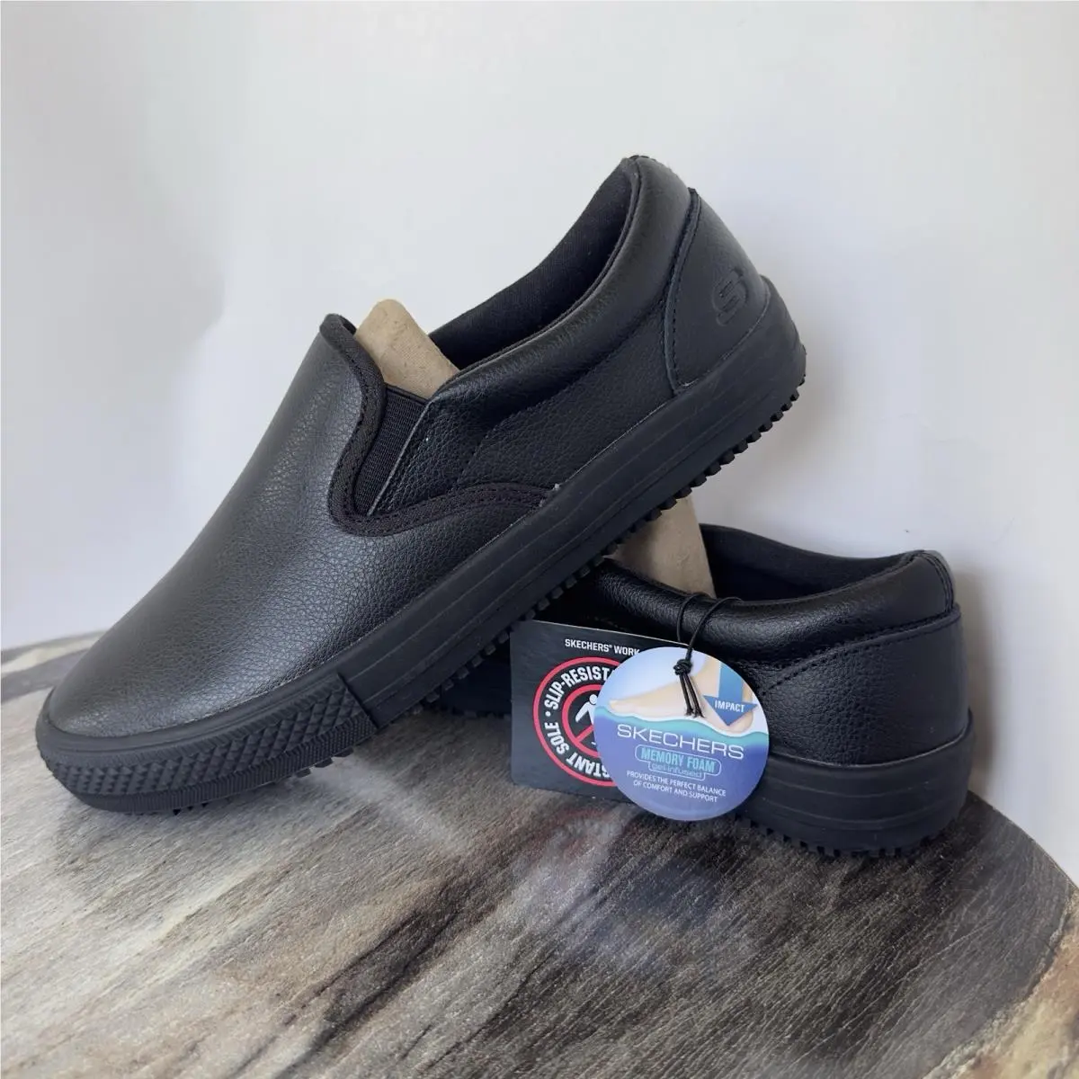 Skechers Sketcher Women 7.5 Work Relaxed Fit Gibson-brogan Sr-slip-on Black Leather