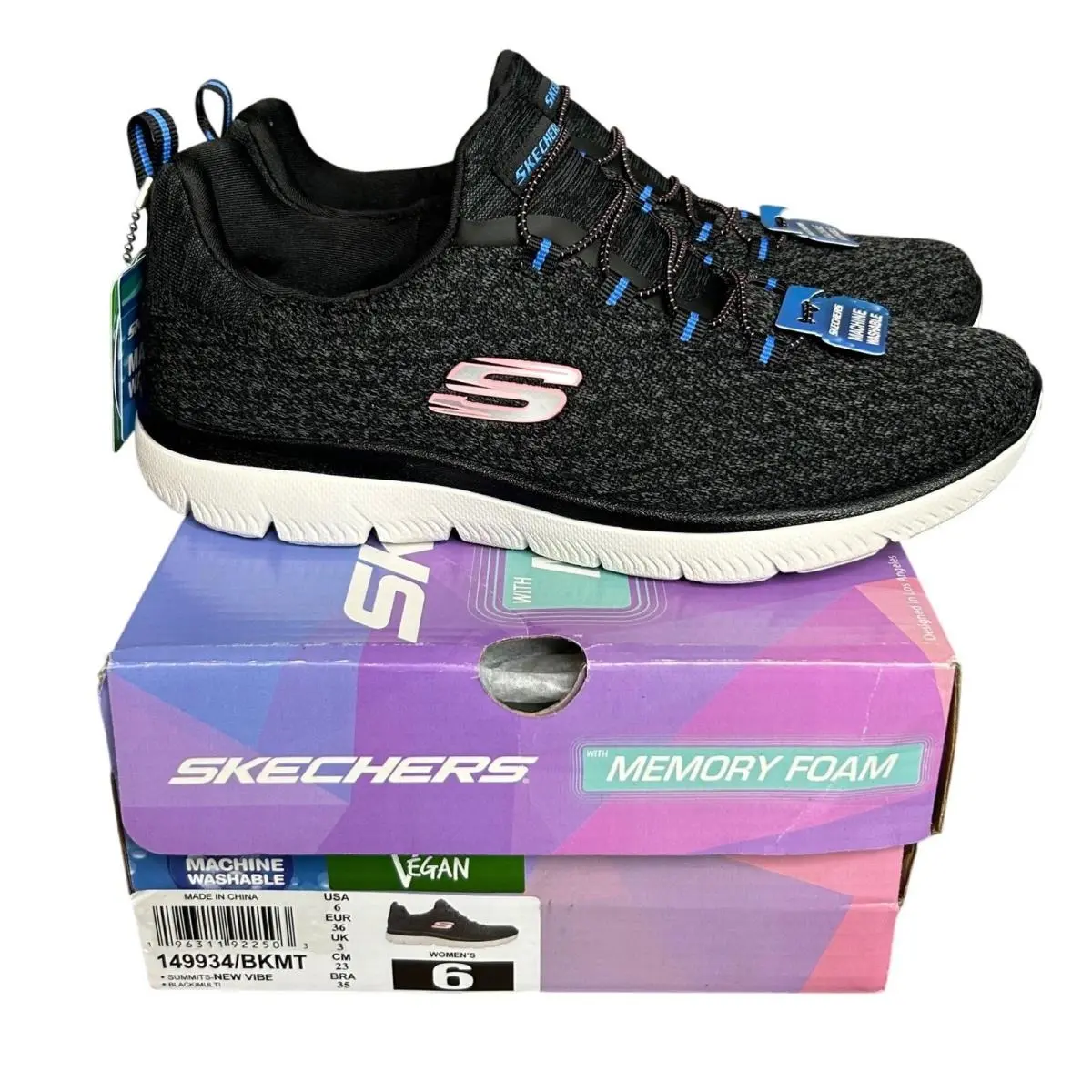 Skechers Summits New Vibe Summits Vibe Womens Black Multi Sneakers 149934/BKMT Memory Foam 6