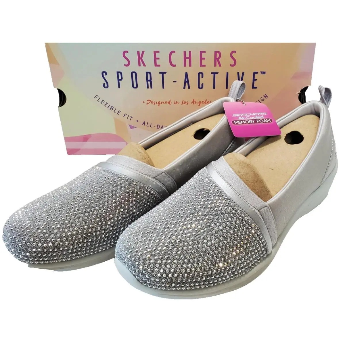 7.5 Women`s Sport Active Arya Shine and Glow Gray Silver Sparkle by Skechers