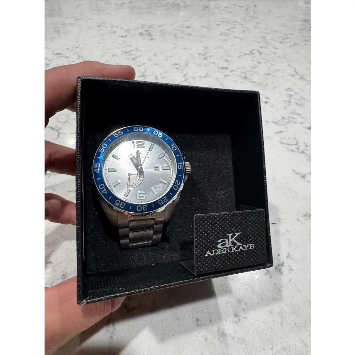AK6260-M Quartz Silver Dial Men`s Watch Blue Bezel BH by Adee Kaye