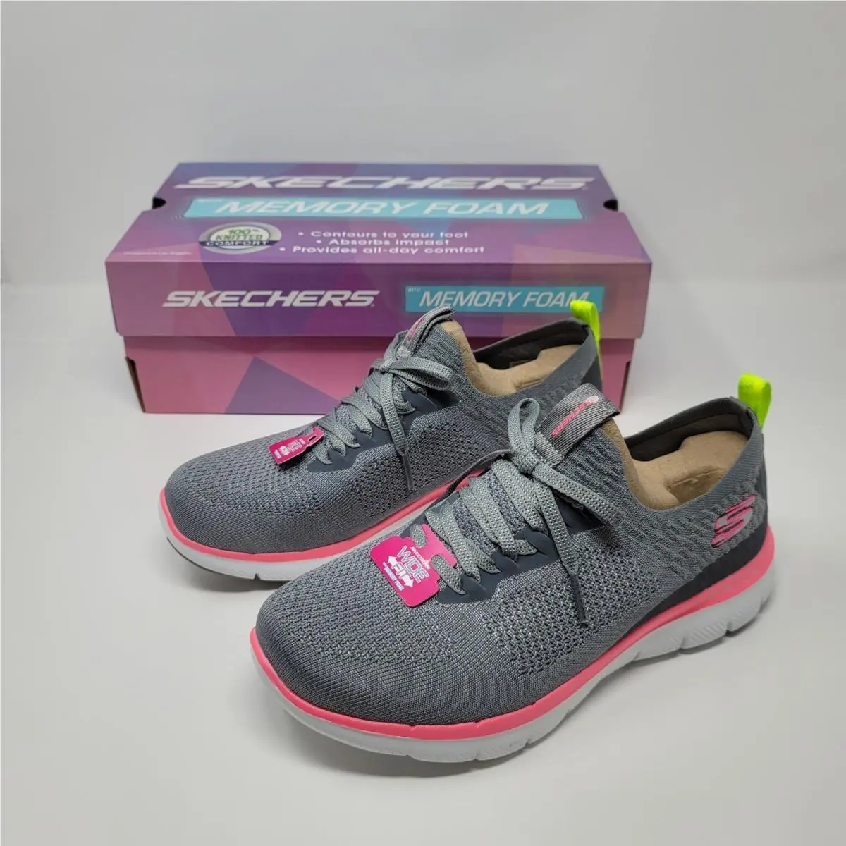 Skechers Flex Appeal 2.0 Turn Women Sneakers Sz 8W Charcoal/hot Pink Memory Foam