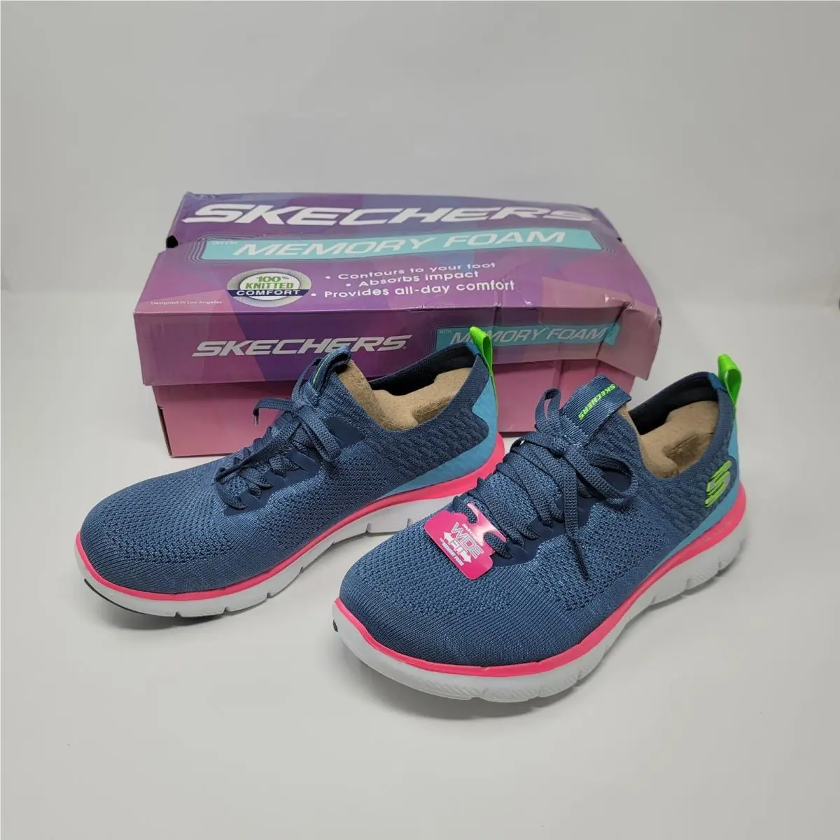 Skechers Flex Appeal 2.0 Turn Womens Sneakers Sz 8W Slate Blue/pink Memory Foam