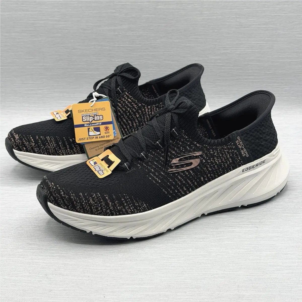 Skechers Women`s 10 Sneakers Black Slip Ins Rose Gold Hands Free Edgeride 150476