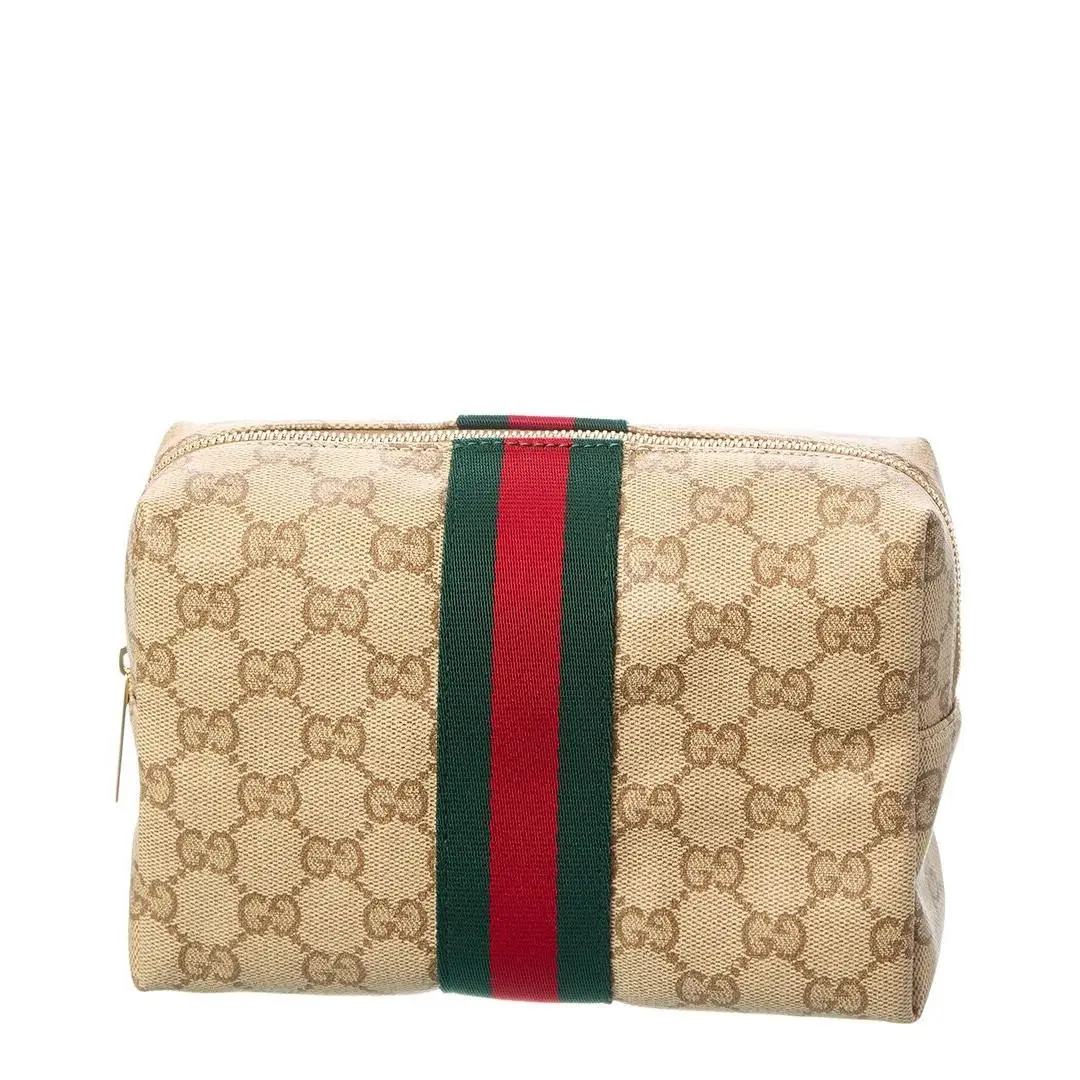 Large Gg Coated Canvas Leather Cosmetic Case Women`s Brown by Gucci