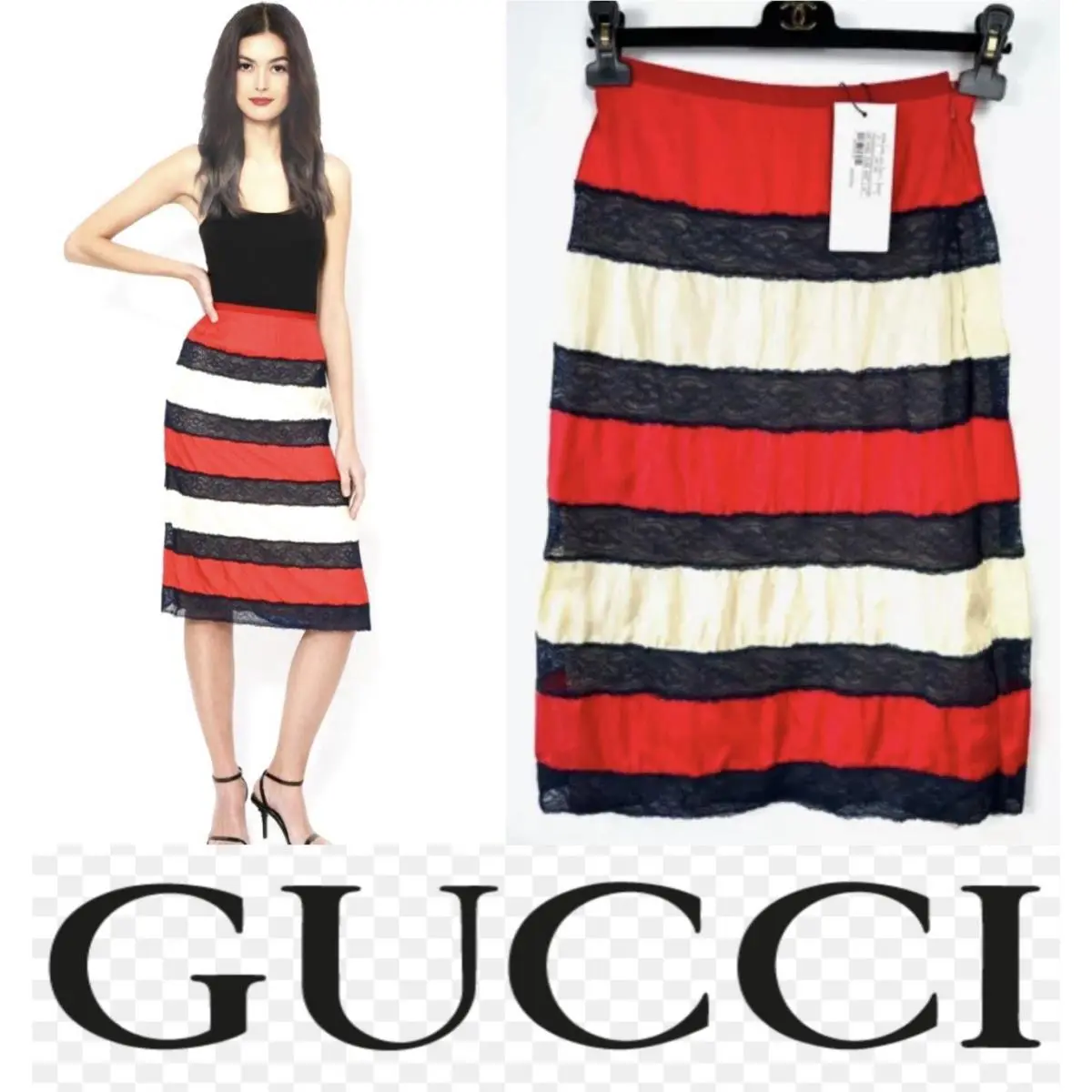 2K Gucci 2017 Red Black White Long Lace Skirt 38 40 2 4 Gift Bag Opt XS S