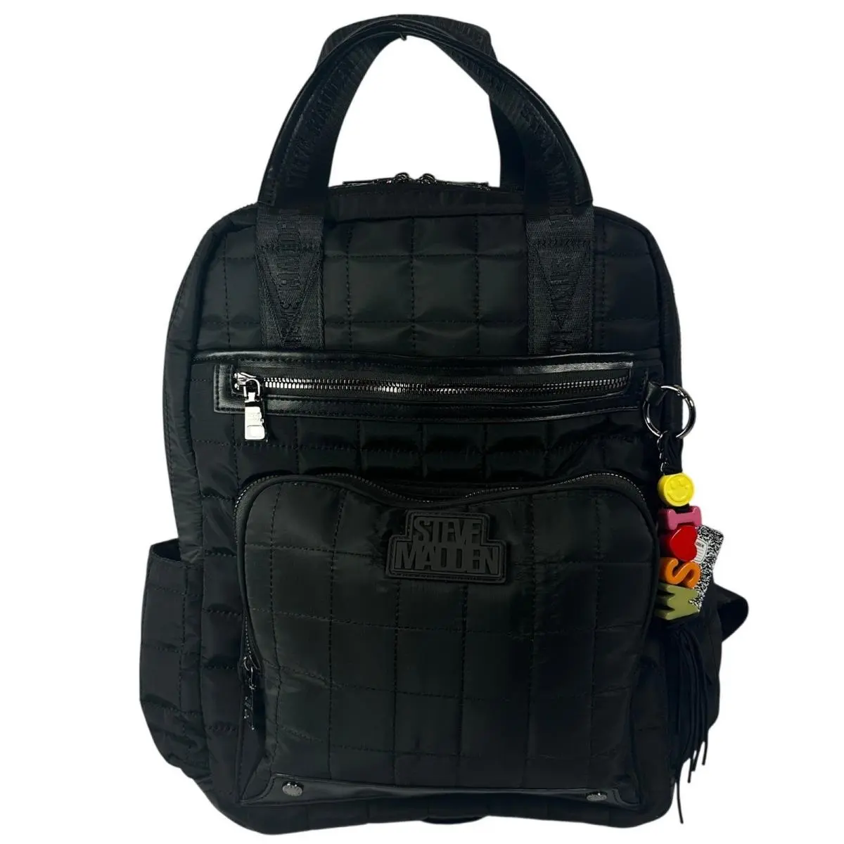 Steve Madden Backpack Womens OS Black Quilted Nylon Multi-pocket Charm Bag