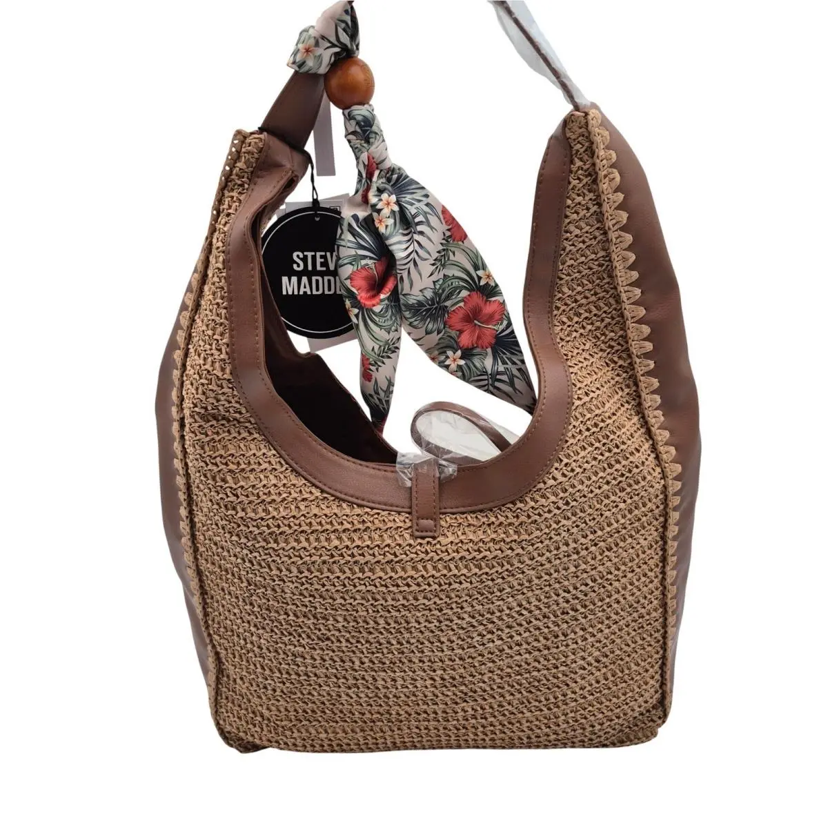Bfreya Woven Hobo Shoulder Tote Bag Brown Sand Tan Magnetic Closure by Steve Madden