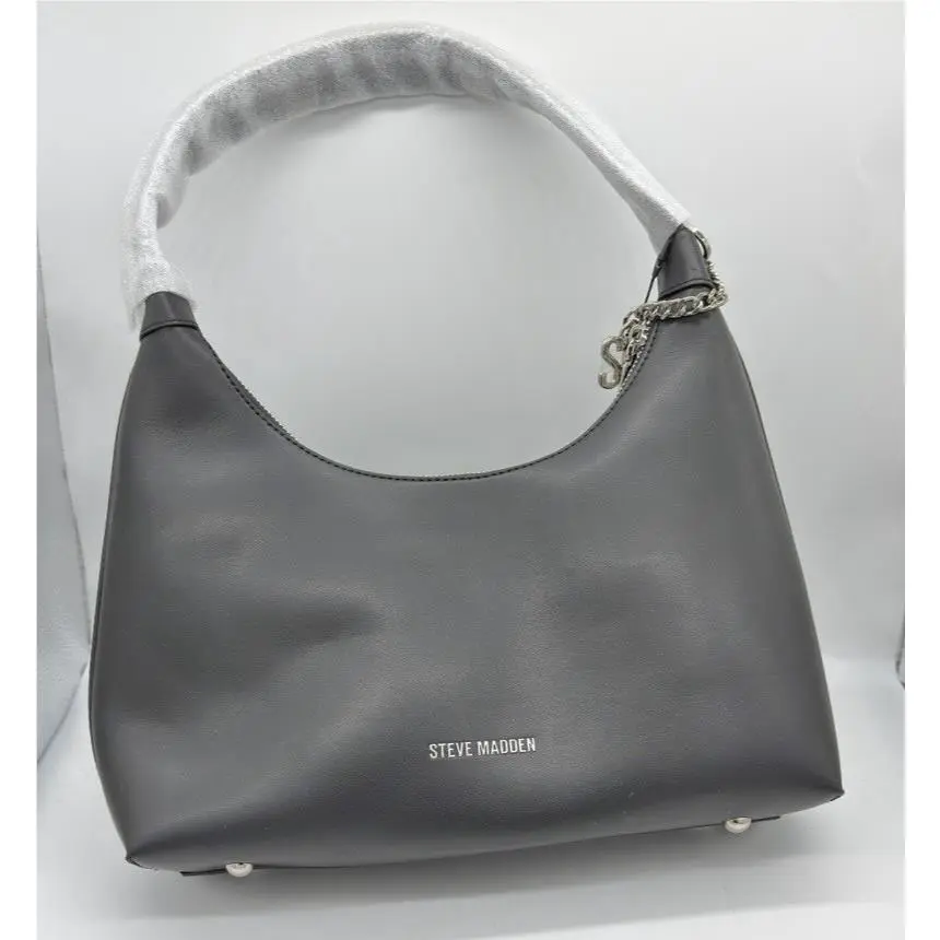 Steve Madden Women`s Bamari Black Leather Look Hobo Bag Purse Chain Detail
