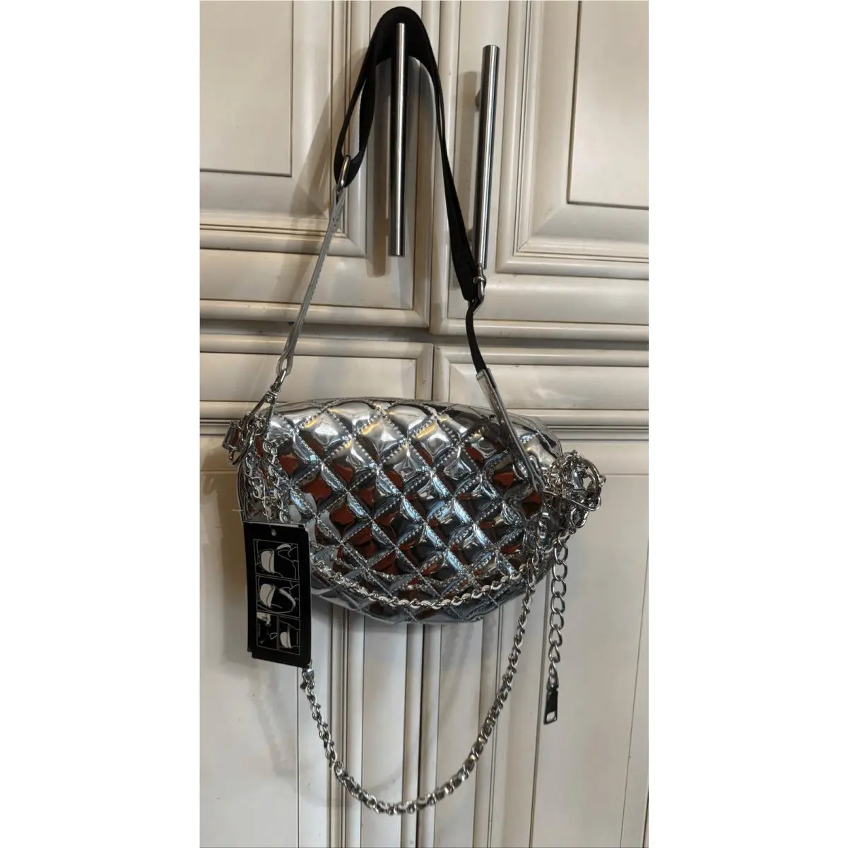 Steve Madden Women`s Metallic Quilted Convertible Fanny Pack Handbag Silver