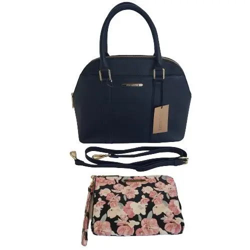 Black Pebbled Texture Purse Bag Satchel Tote W/flower Wristlet by Steve Madden