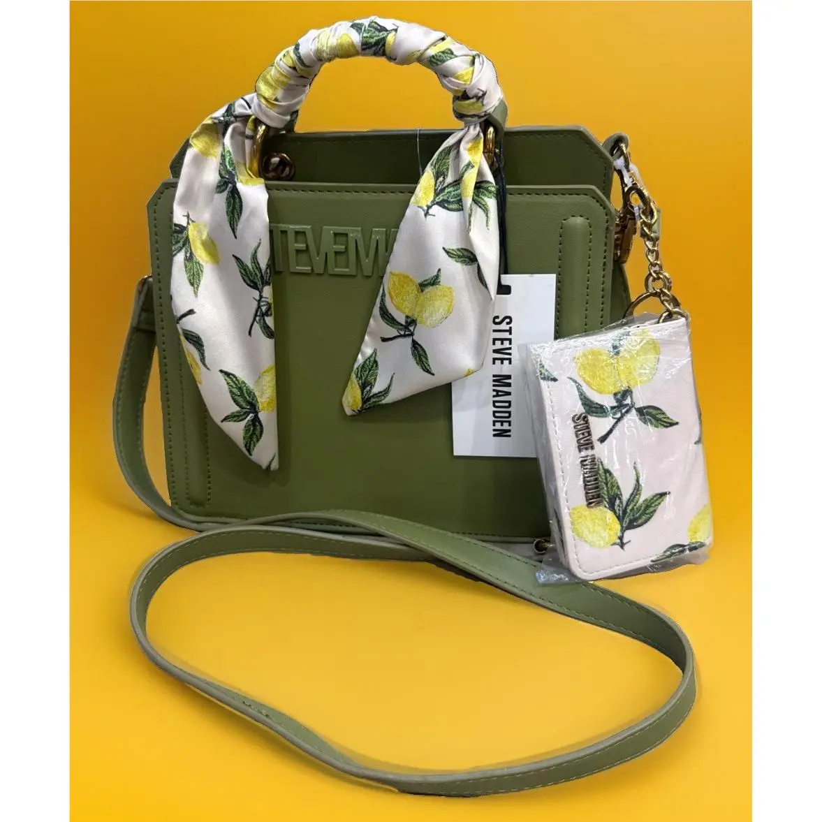 Steve Madden Bevlynn Sage Green Satchel Crossbody Bag Lemon Scarf Card Wallet
