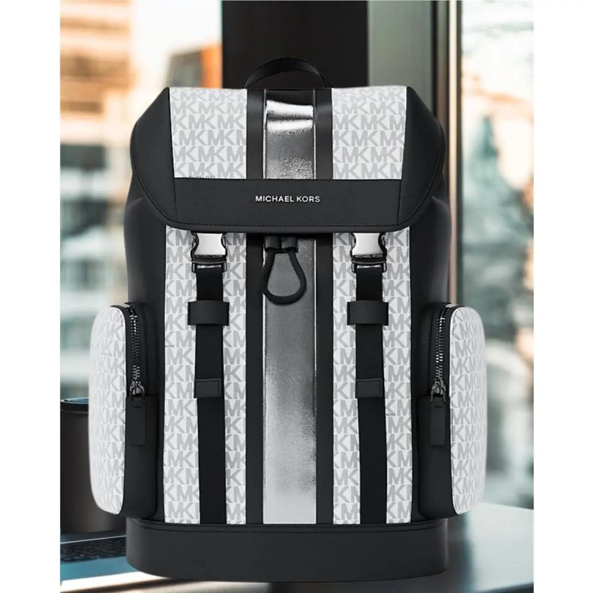 Cooper Men Metallic Striped Logo City Travel Backpack Silver by Michael Kors