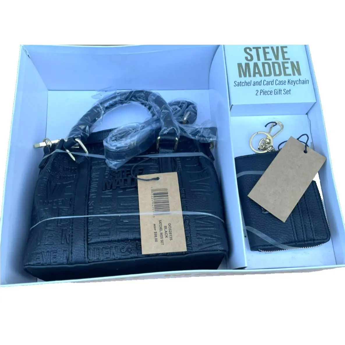 Steven Madden Satchel and Card Case Keychain 2 Piece Gift Set Black