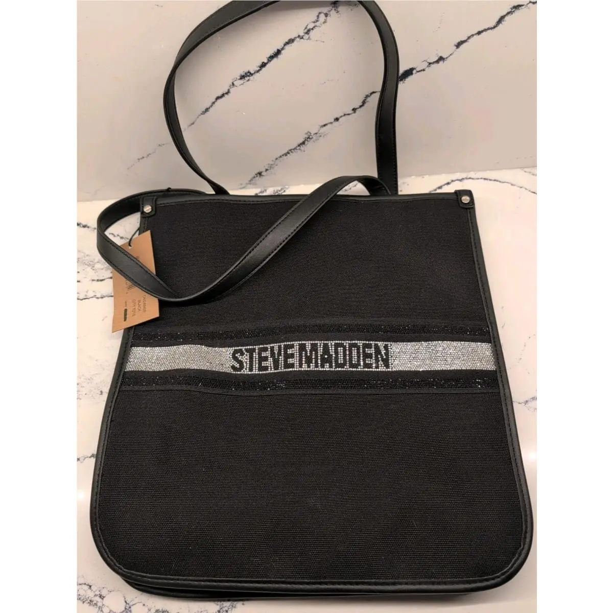 Steve Madden City Tote Bag Purse Black Canvas Sequins Detachable Small Bag