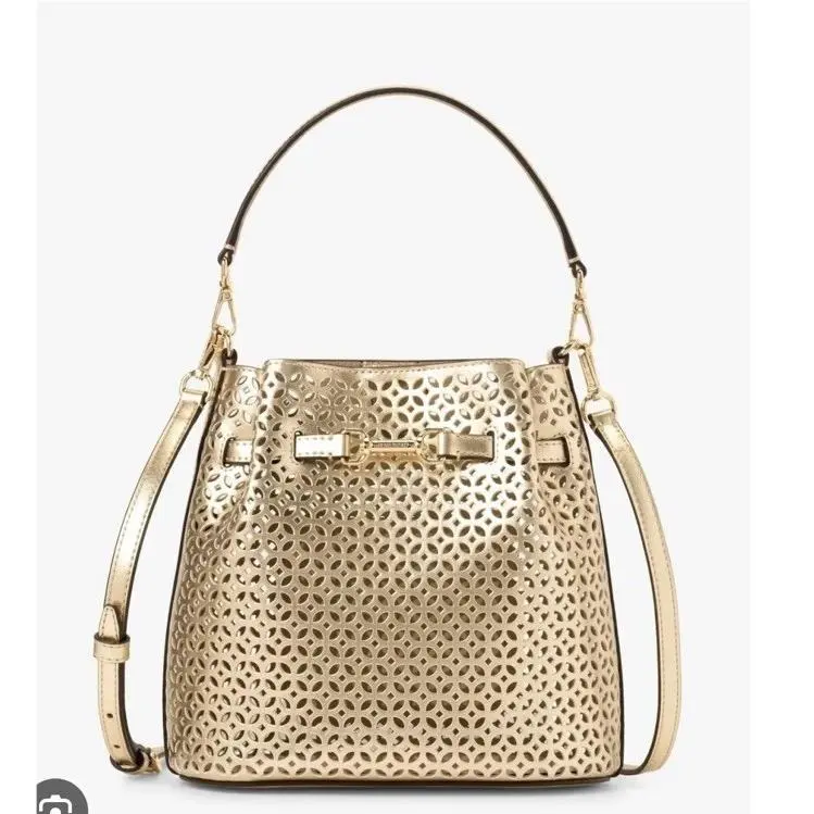 Carson Floral Laser Cut Bucket Convertible Bag In Pale Gold by Michael Kors