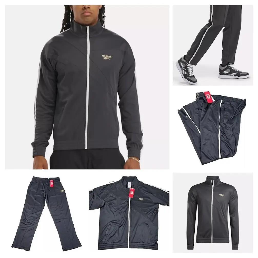Reebok XL Men`s Track Suit Jacket Pants Set Grey White Gold Retro Classic