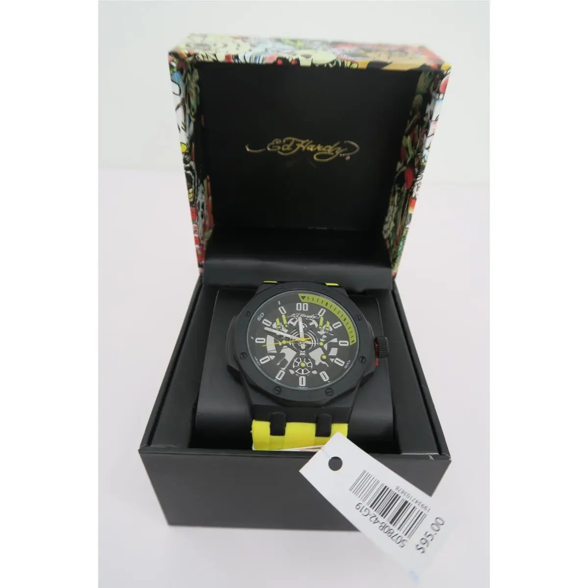 Mens Black Yellow Silicone Strap Sport Watch 50780B-42-G19 by Ed Hardy