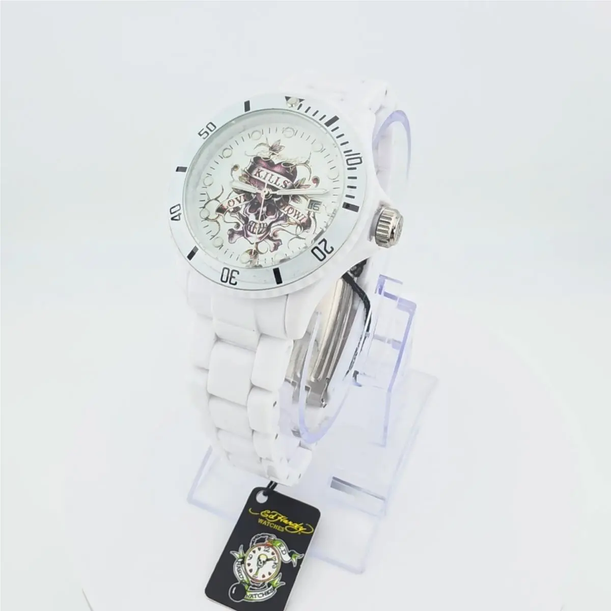 ED Hardy Vip Men`s Watch Skull Tattoo Unidirectional Bezel White Band 8.75 by Ed Hardy