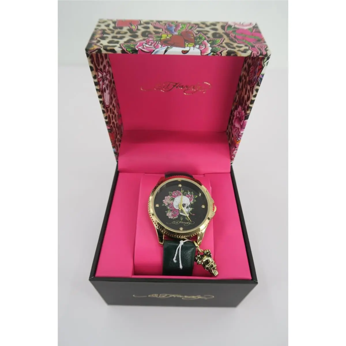 Women Watch Gold Tone Skull Roses Black Strap Tattoo Art by Ed Hardy