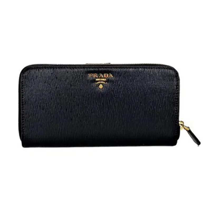 Prada Black Vitello Move Leather Full Zip Continental Snap Closure Wallet