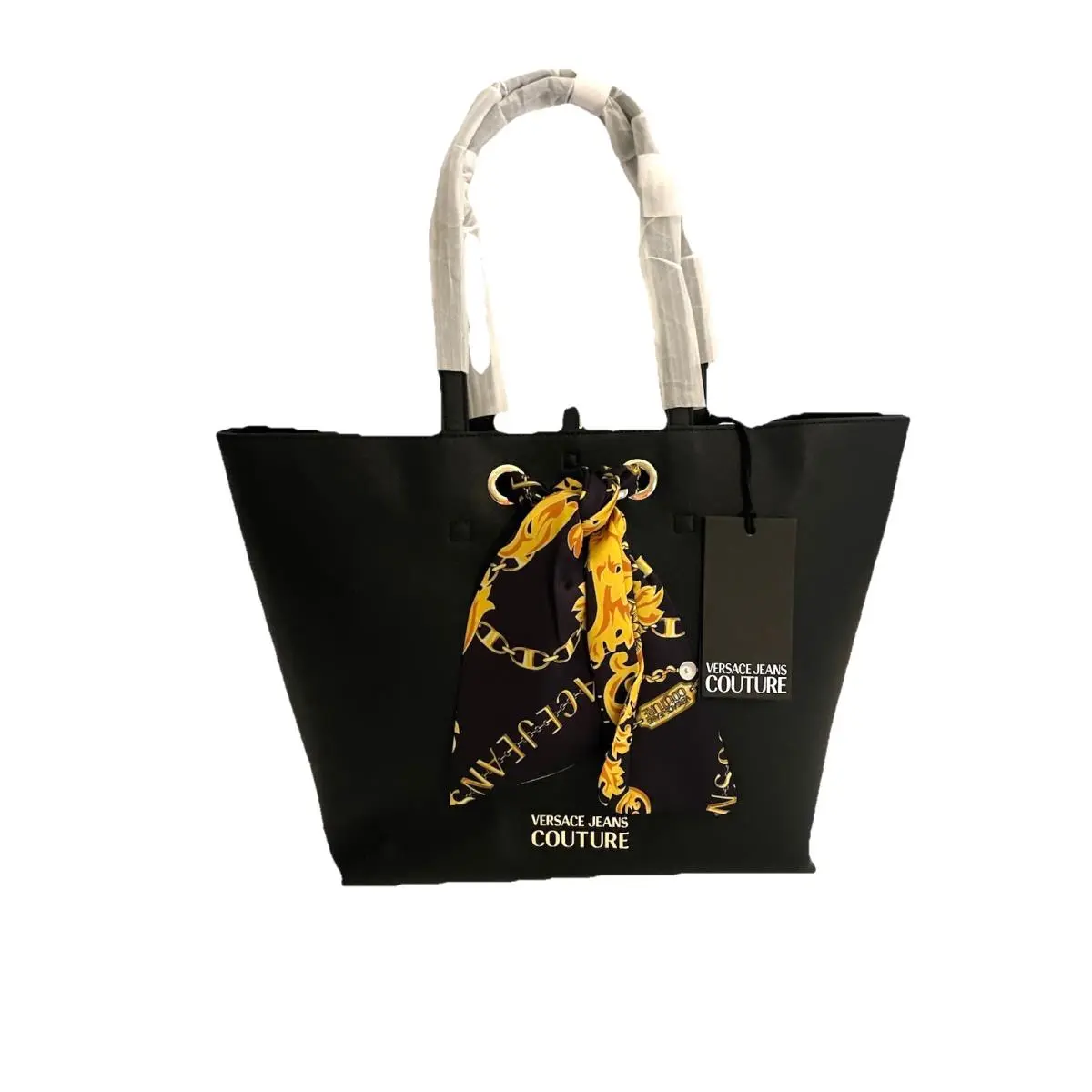 Versace Jeans Couture Shoulder Bag Tote Black Gold Baroque Scarf Tie Thelma