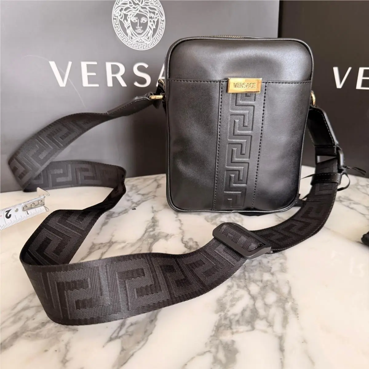 1020736 Black Leather Greca Crossbody Messenger Bag Gold Logo by Versace