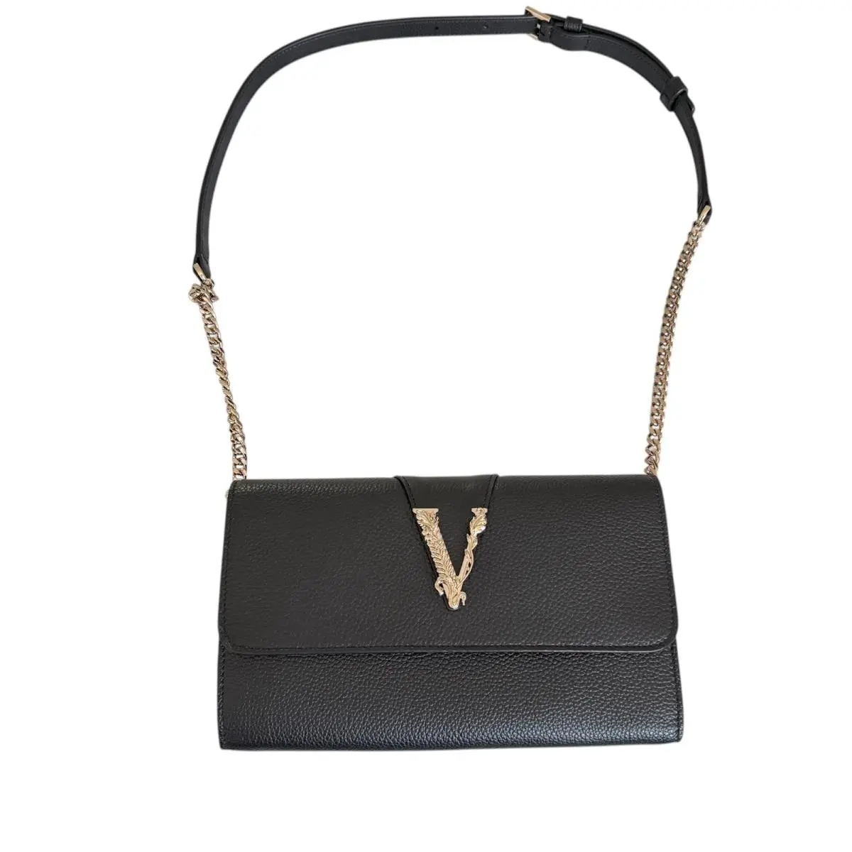 Versace Virtus Wallet on Chain Black Vitello Leather Bag 1006264 Nero-oro