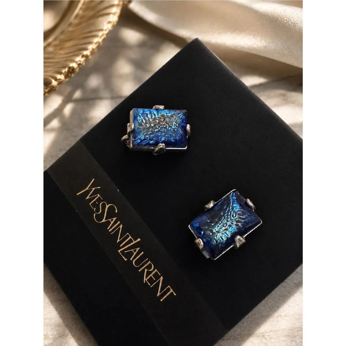 Vtg Ysl  Blue Iridescent Crystal Screw Back Earrings by Yves Saint Laurent