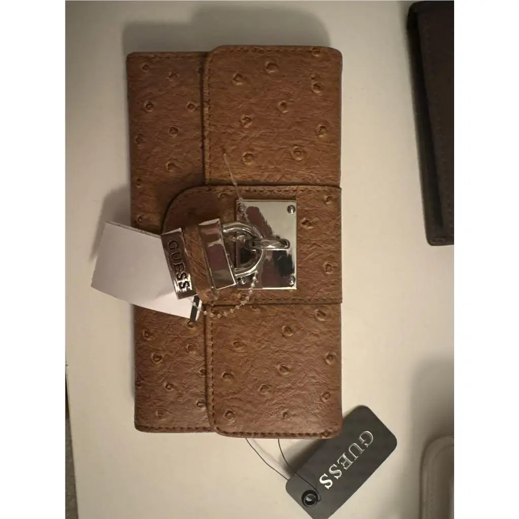 Guess Katiejane Slg Cognac Ostrich Embossed Wallet Silver Padlock Y2K Retro