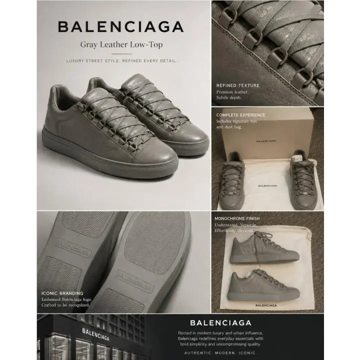 Mens Gray Leather Low Top Sneakers Lace Up Shoes Size 40 Box Dust Bag by Balenciaga