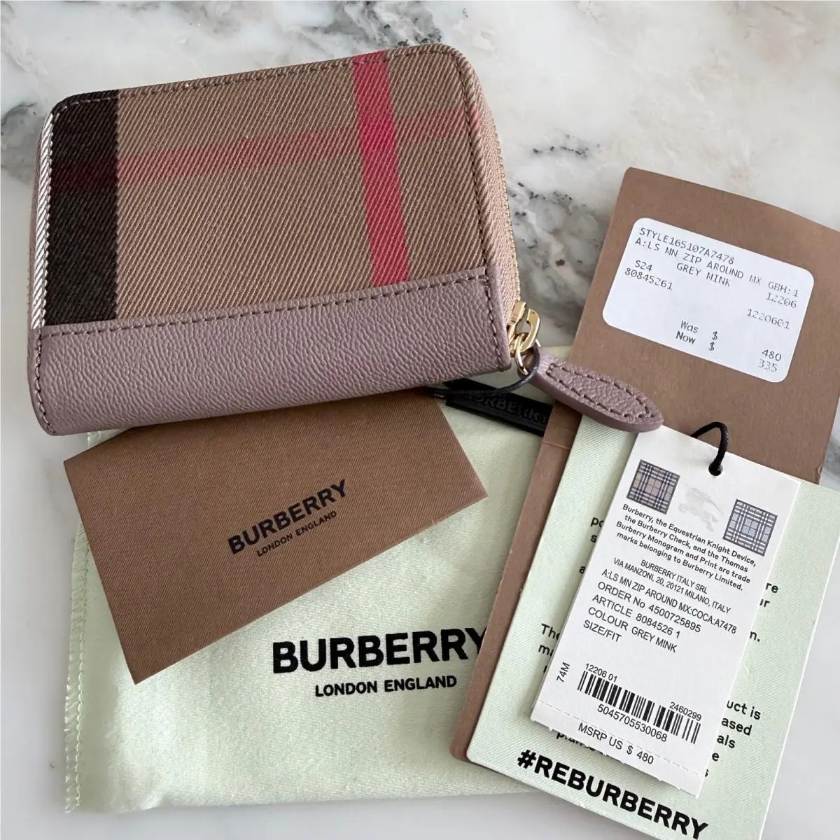 Burberry Check Zip Around Wallet Grey Mink Leather 8084526