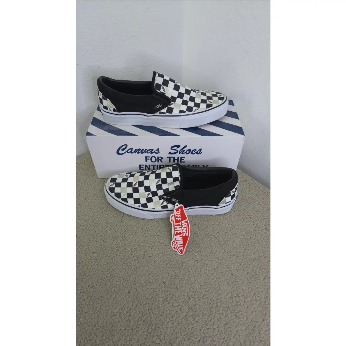 Slip On 50th Anniversary Men 7 Women 8.5 Black Gold Checkered Shoes by Vans