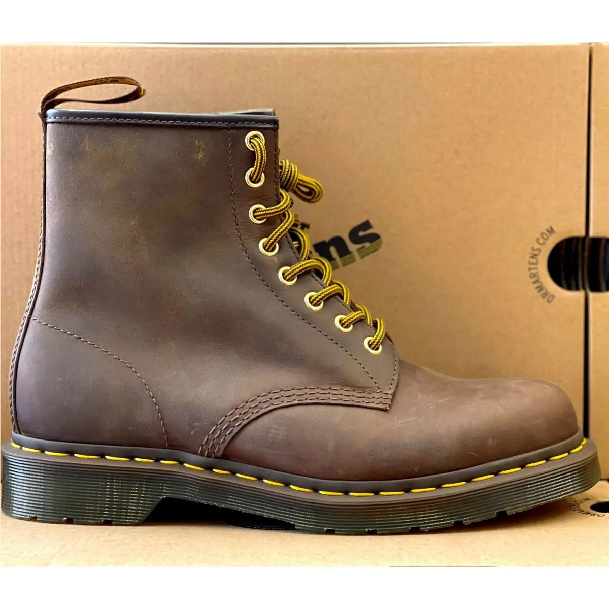 Dr Martens - Men`s 1460 Crazy Horse Brown Leather Boots Yellow Lace by Dr. Martens