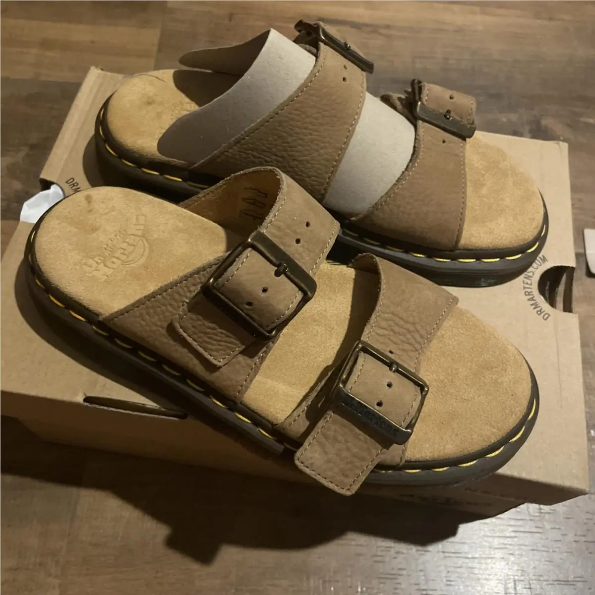 Josef Nubuck Sandals Tan Leather Buckle Slide Tan Men’s 5 Womens 6 by Dr. Martens