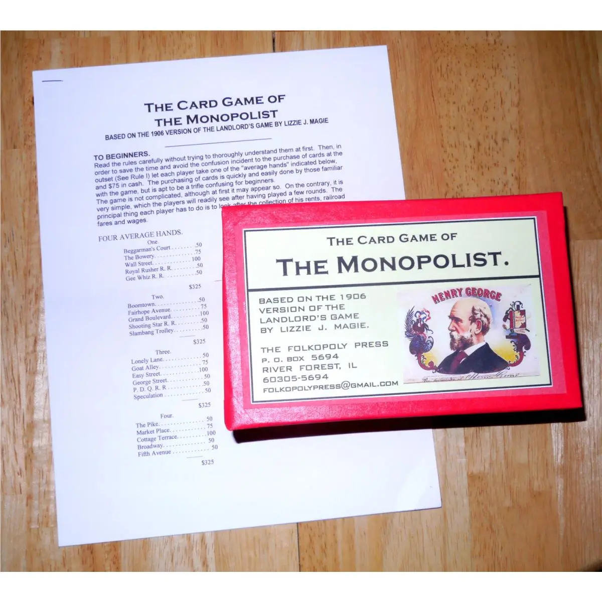 The Card Game of The Monopolist 1898 Style Repro/the Landlord`s Game Monopoly