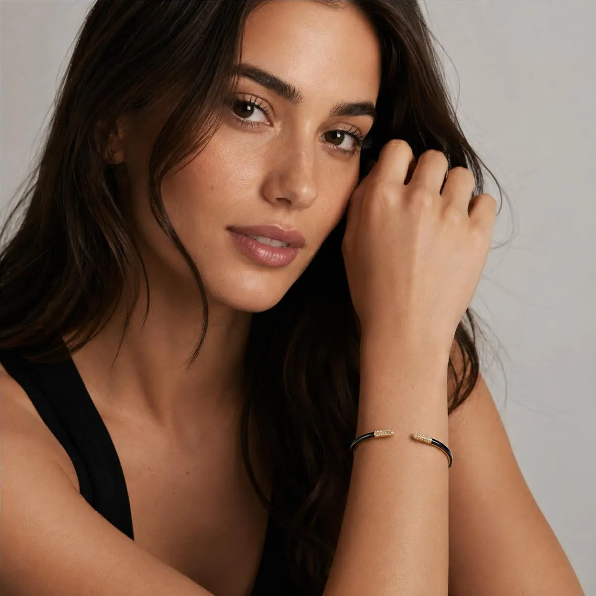 Dkny Women`s Black Enamel Crystal Pave Gold Tone Hinged Open Cuff Bracelet