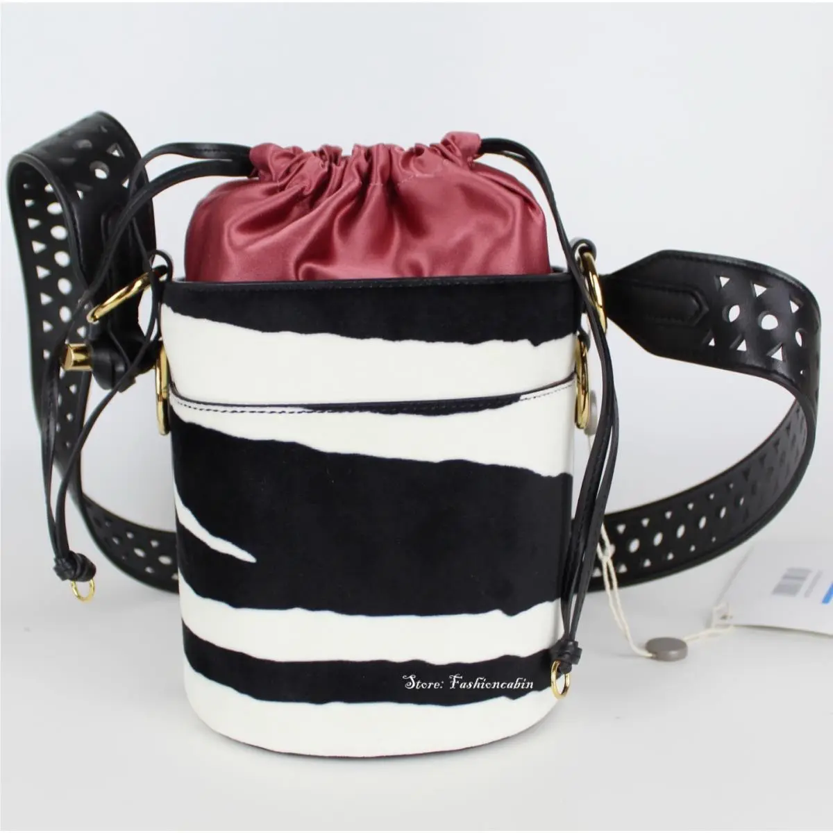 Stella Mccartney Zebra Velvet Drawstring Top Bucket Bag with Shoulder Strap