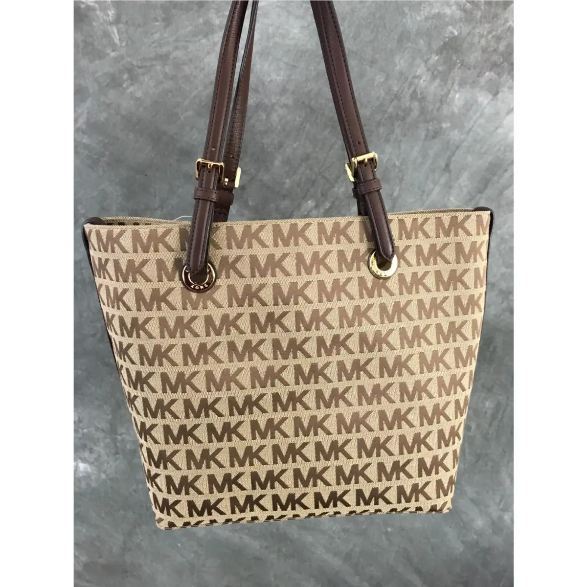 Beige Brown Jacquard MK Signature Tote Bag Purse by Michael Kors